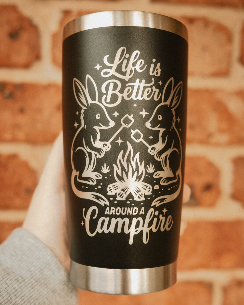 Custom Campfire Tumbler - 20oz Personalised Mug for Outdoor Adventures - Bilby Threads