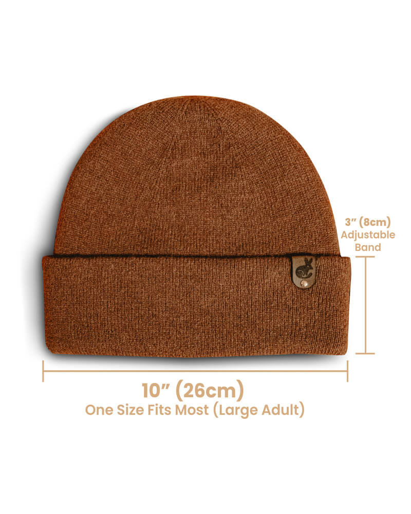 Brown knit beanie with measurements on a white background