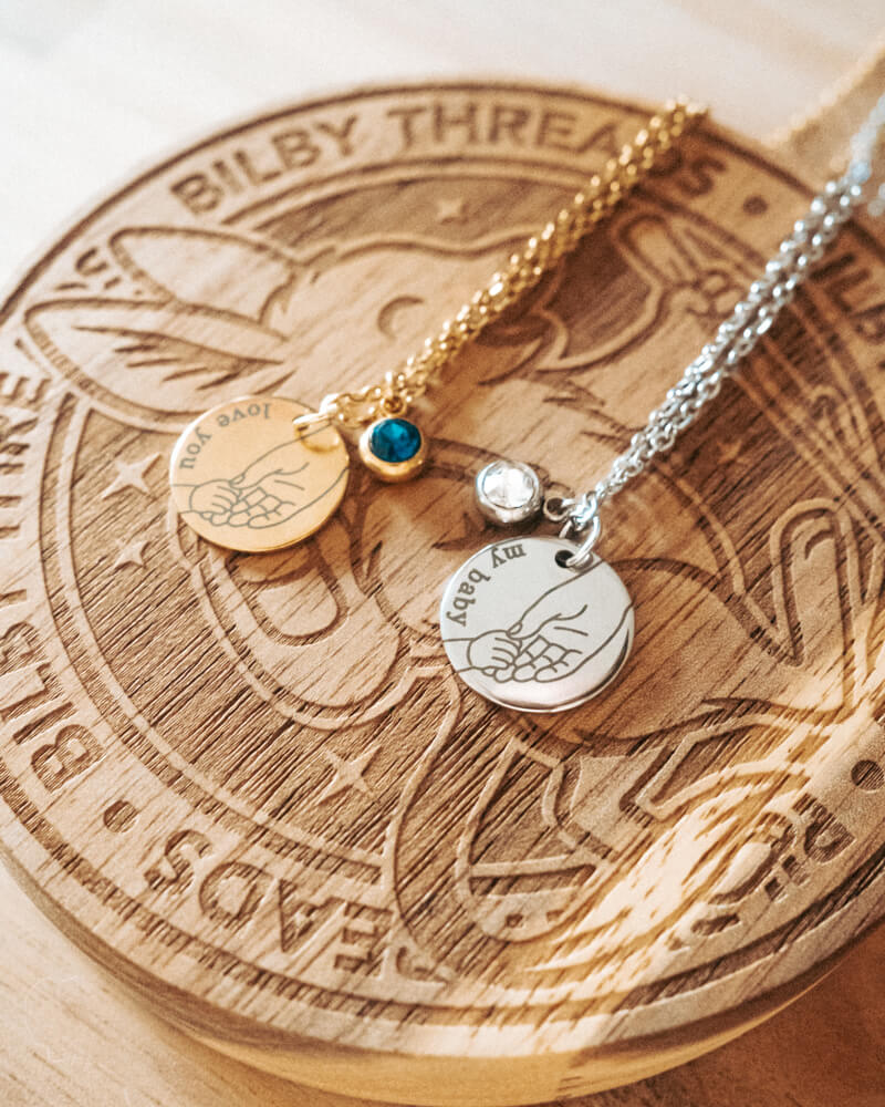 Personalised Birthstone Necklace - Baby Hand Holding Pendant In Gold or Silver