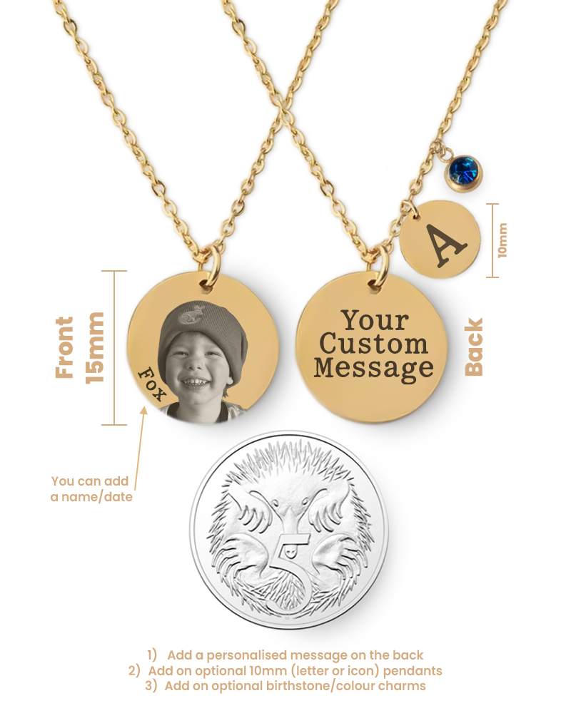 Gold necklaces with round pendants, one featuring a photo and the other with 'Your Custom Message'.