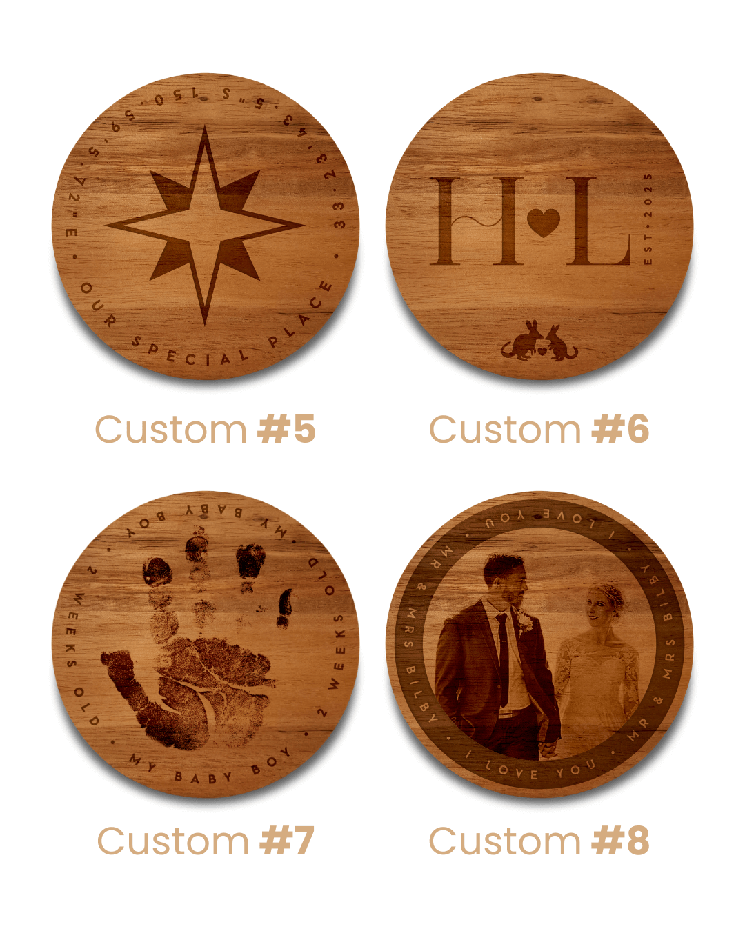 Handmade Custom Personalised Acacia Wood Coasters - Set of 4 - Bilby Threads