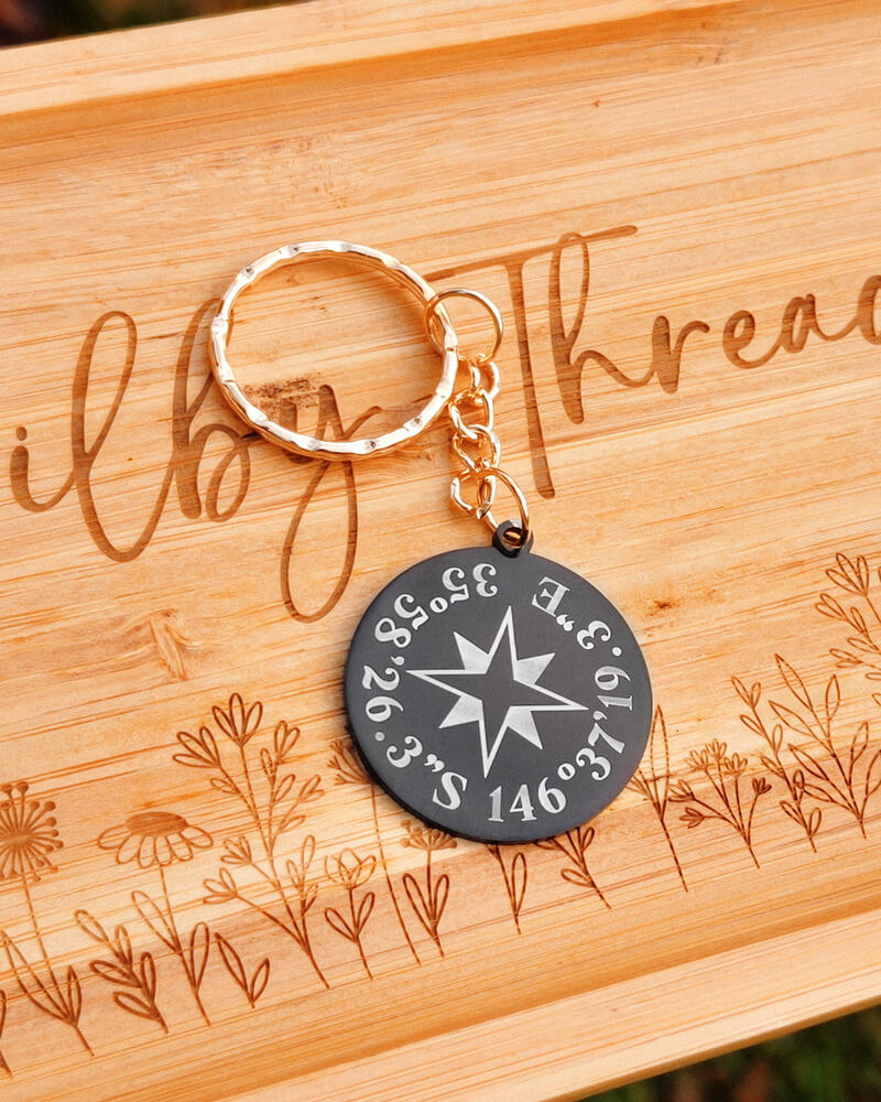 Custom Engraved Coordinates Keychain - Black Stainless Steel - Bilby Threads